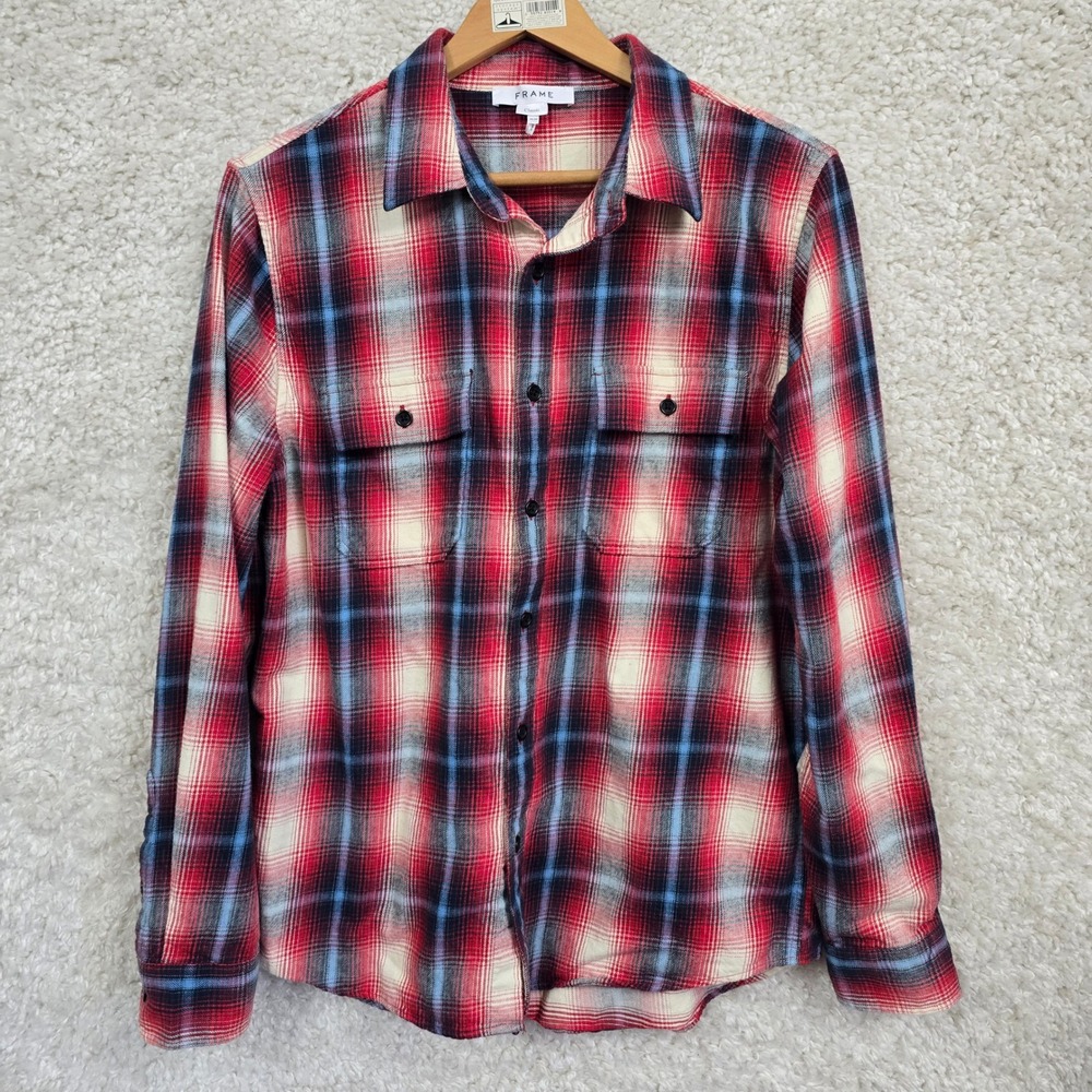 FRAME Plaid Double Pocket Shirt Mens Medium Red Blue Flannel Grunge Classic